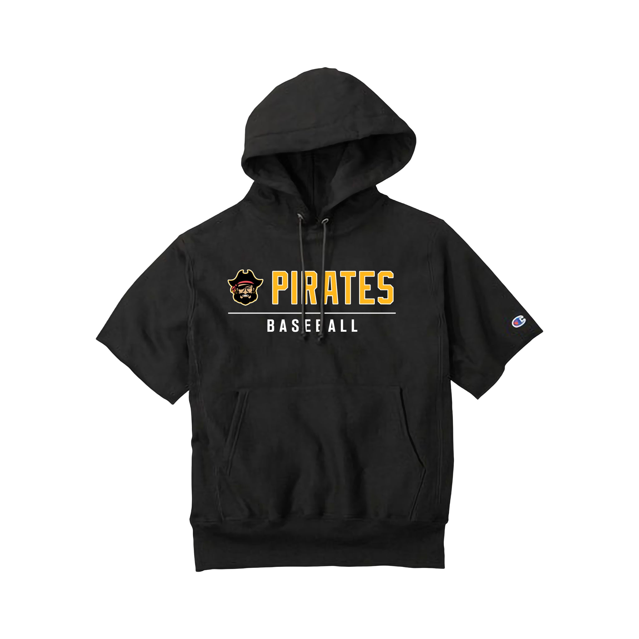 Pirates Adult Fleece Champion Reverse Weave Short Sleeve Hooded Sweatshirt (Black)
