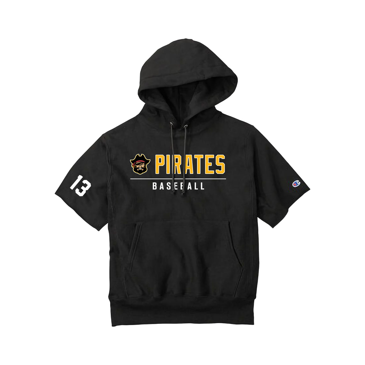 Pirates Adult Fleece Champion Reverse Weave Short Sleeve Hooded Sweatshirt (Black)
